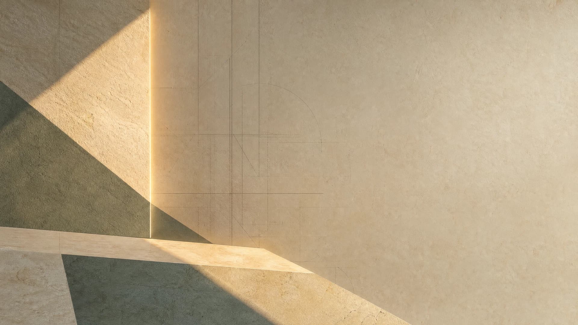 Sunlit textured plaster wall with faint architectural sketch lines