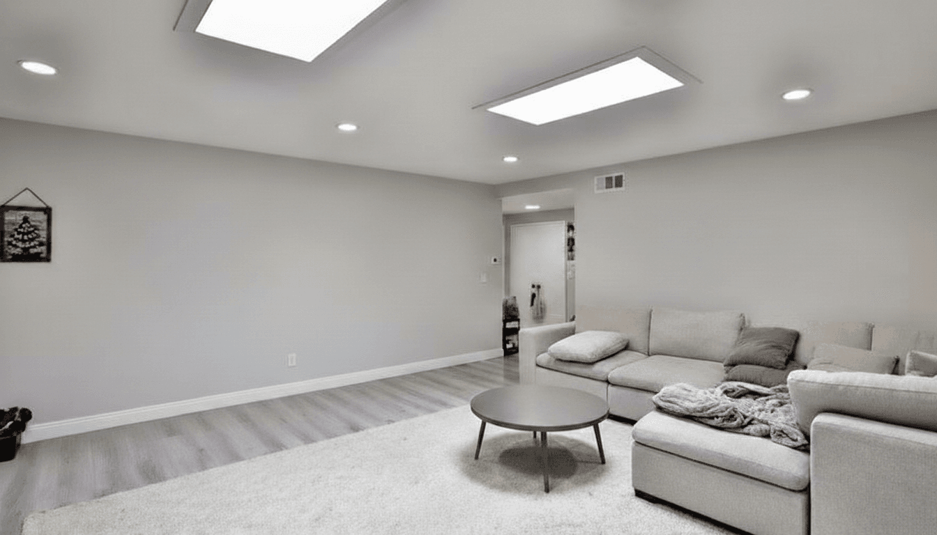 Living area with stone fireplace and skylights